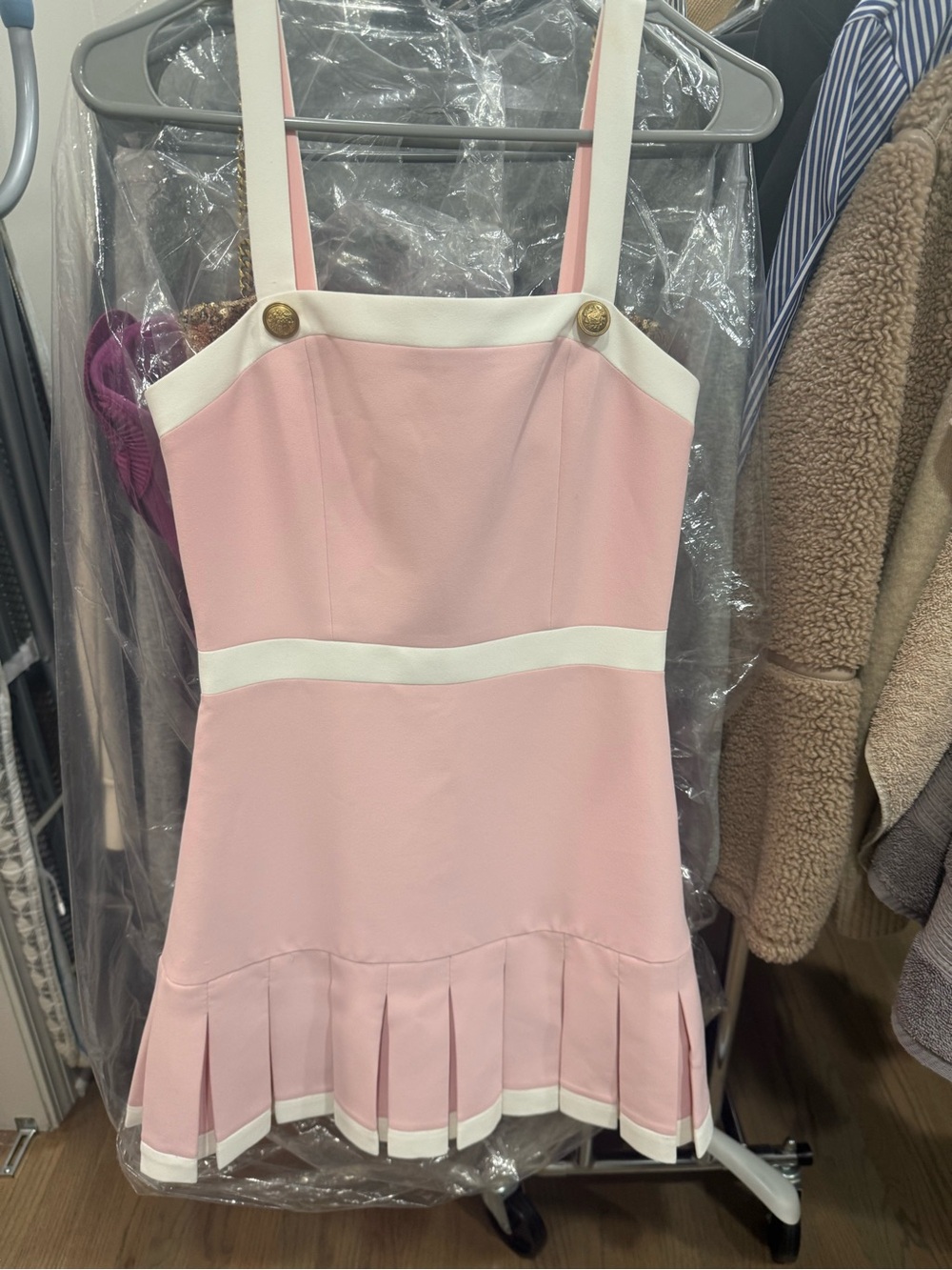 Alice + Olivia Pink and White Pleated Strap Dress
